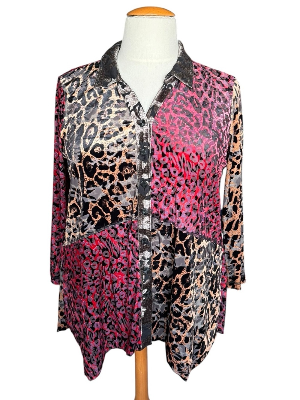 Ali Miles XL Velvet Burnout Blouse Animal Print Patchwork Devore Sheer Top AA45